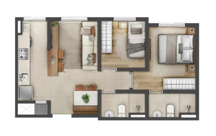Planta 2 dormitórios - 46,7 m²