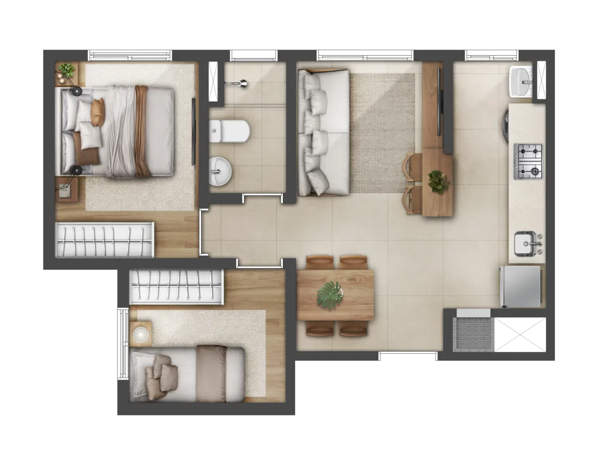 Planta 2 dormitórios - 41 m² e 45 m²