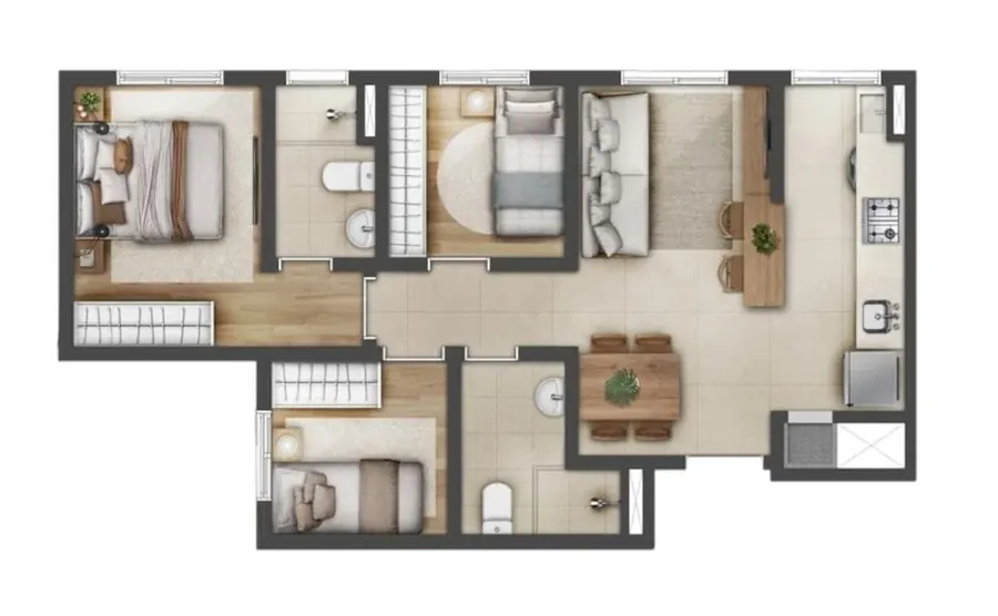 Planta 3 dormitórios - 53,5 m²