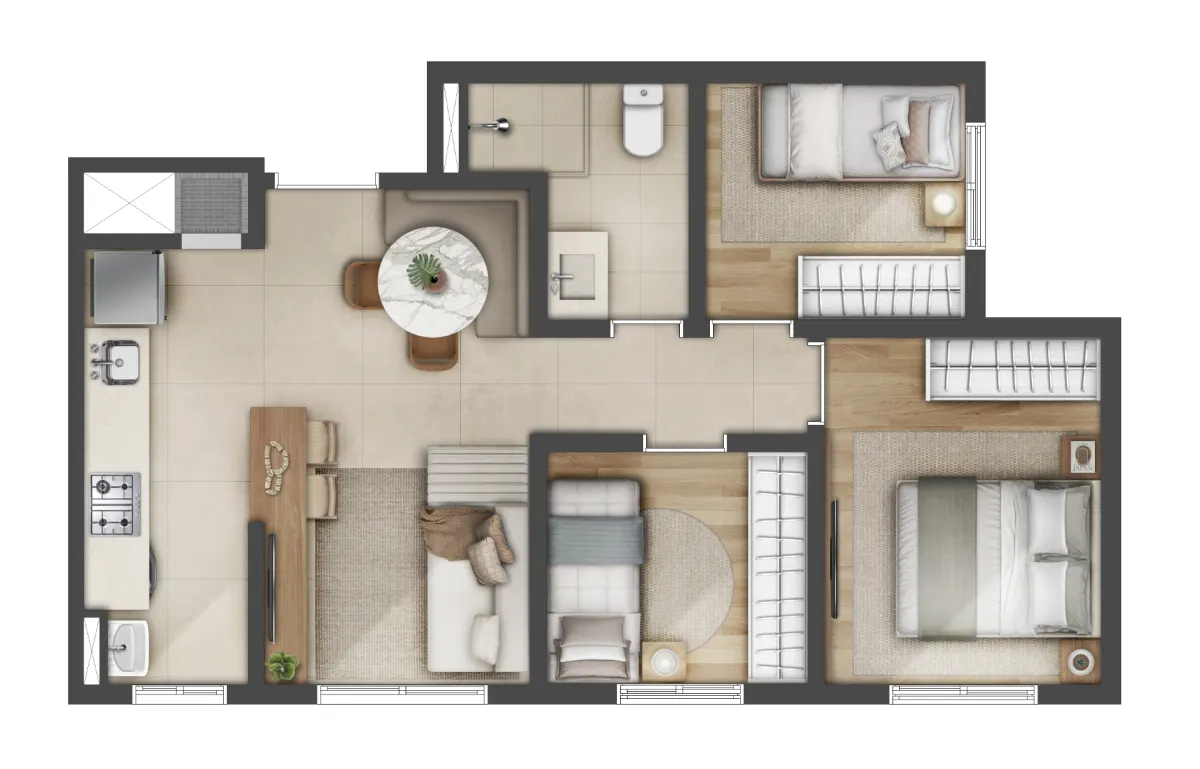 Planta 3 dormitórios - 50 m²